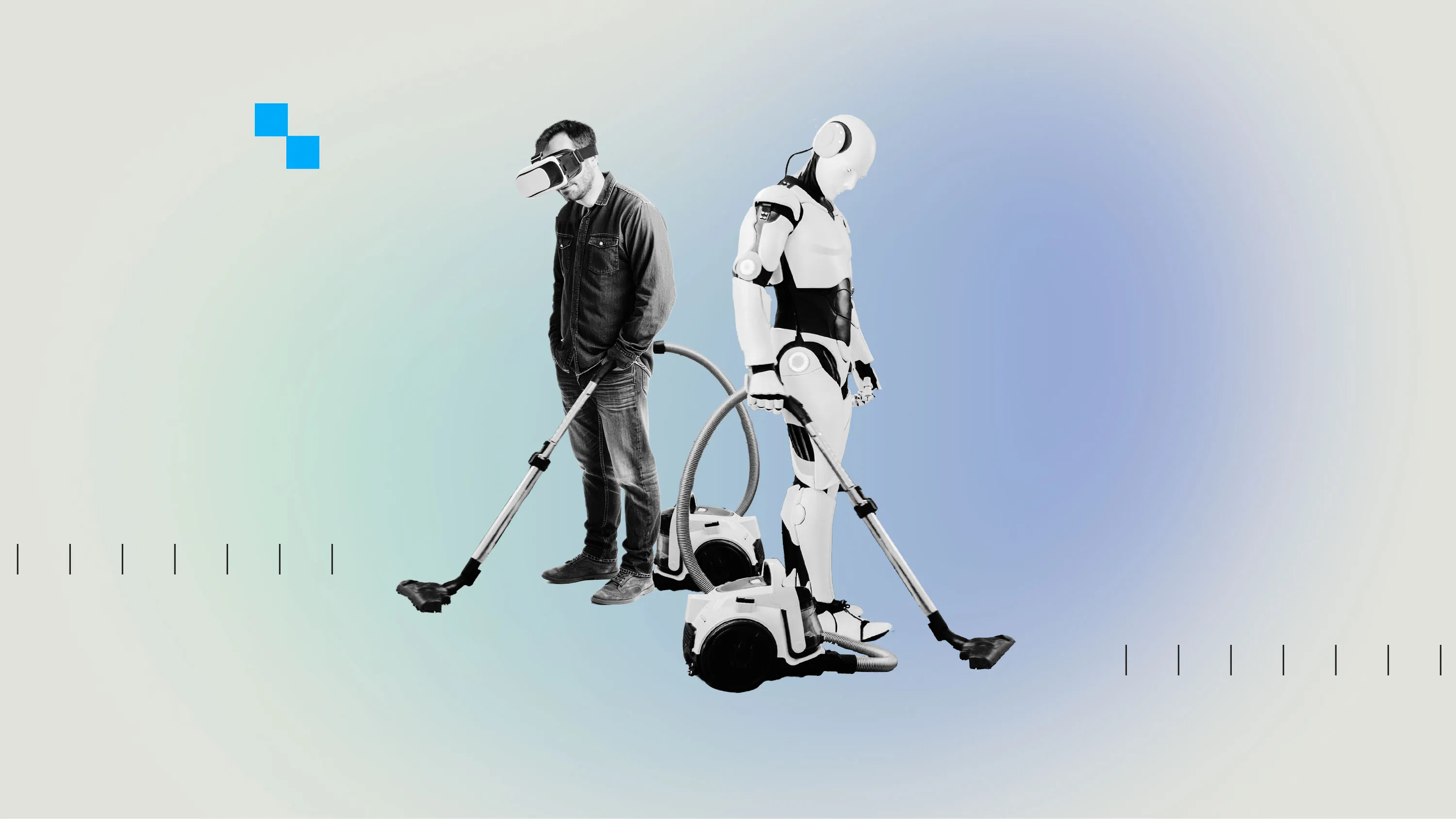 a man wearing a VR headset and a humanoid robot in a mirrored pose both listlessly hold a vacuum