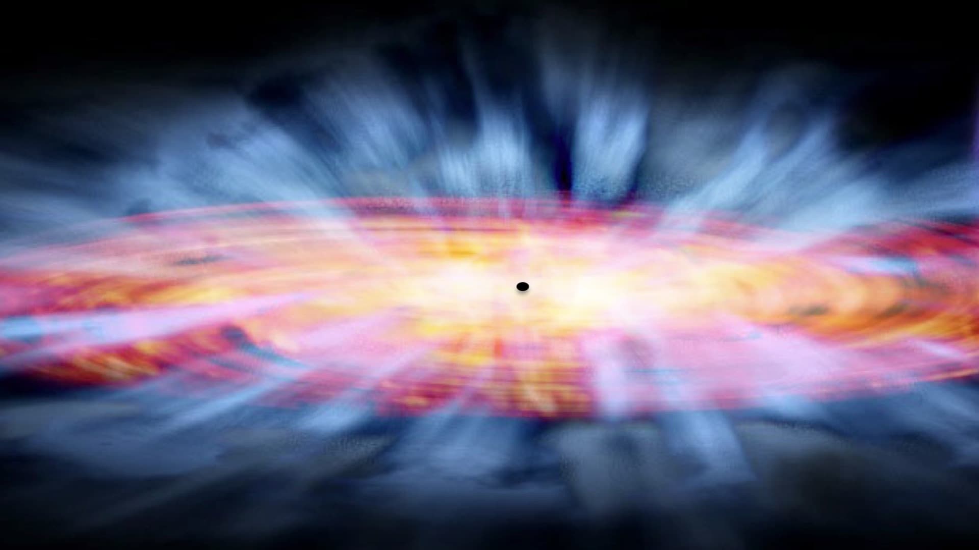 An illustration of a black circle surrounded by a pink and yellow disk and there are blue winds blowing outward.