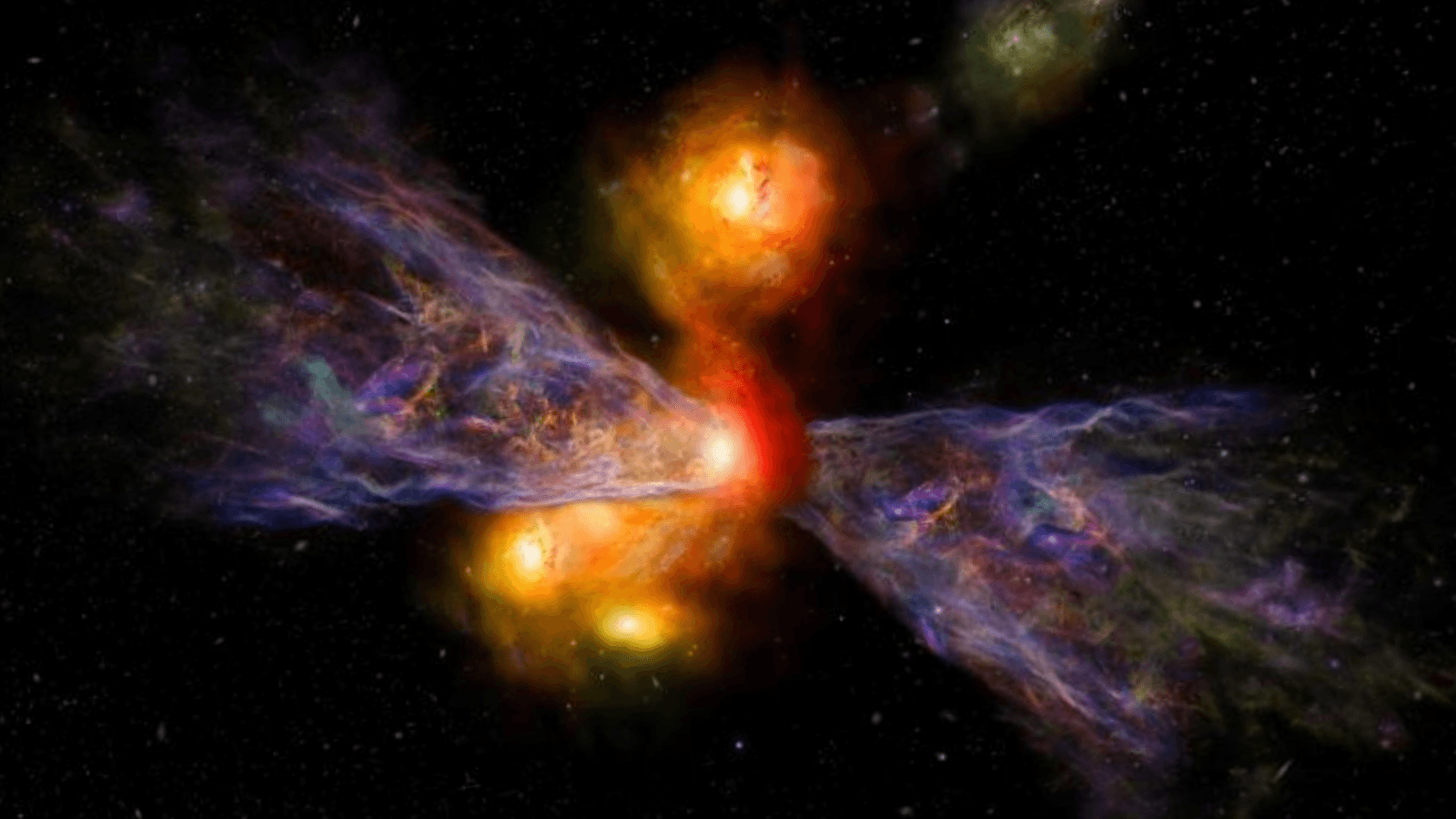 An artist’s impression of the galaxy CRISTAL-02, with a huge plume of cold gas extending away from it.