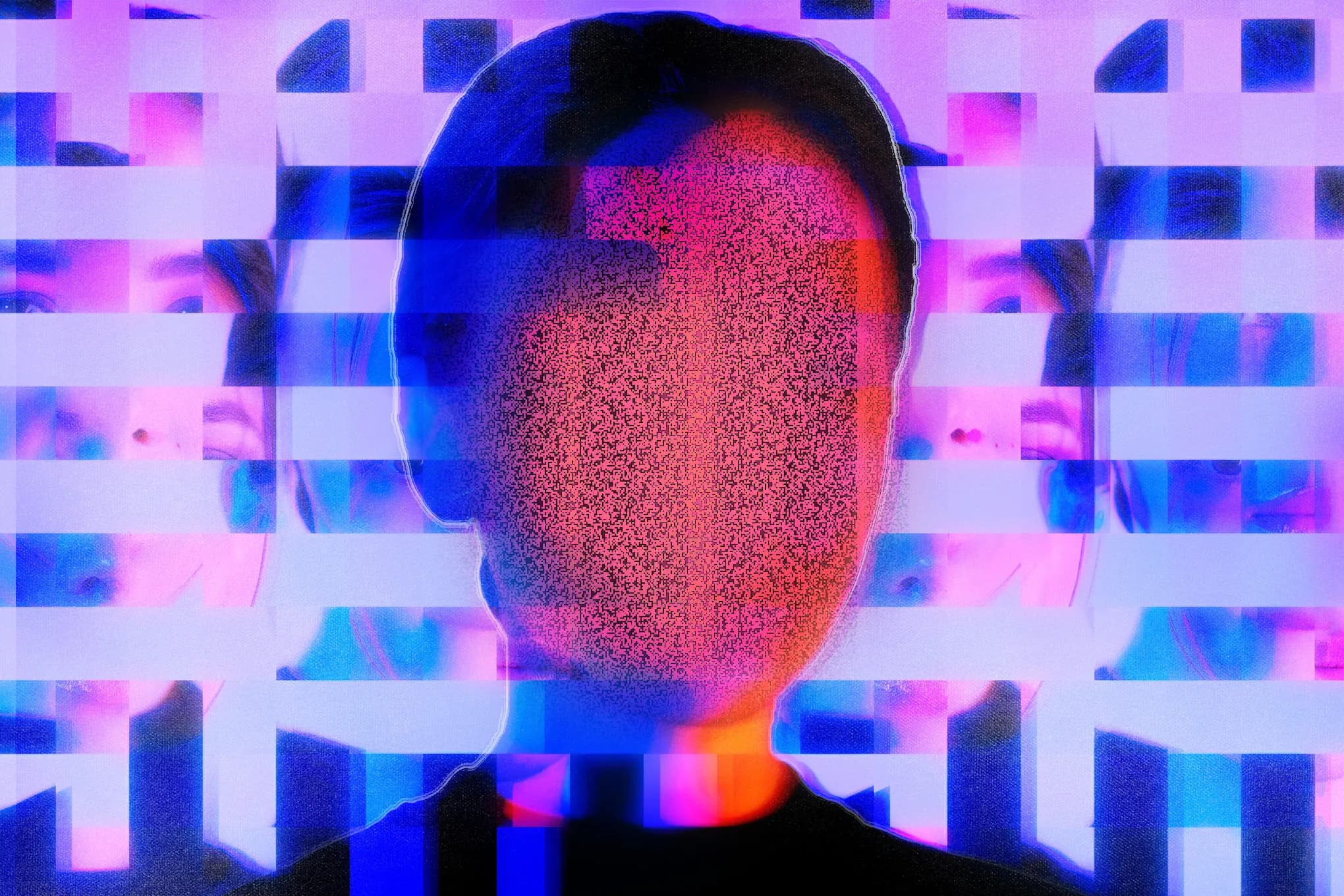 An illustration depicting a featureless face against a pink, white, and blue background.
