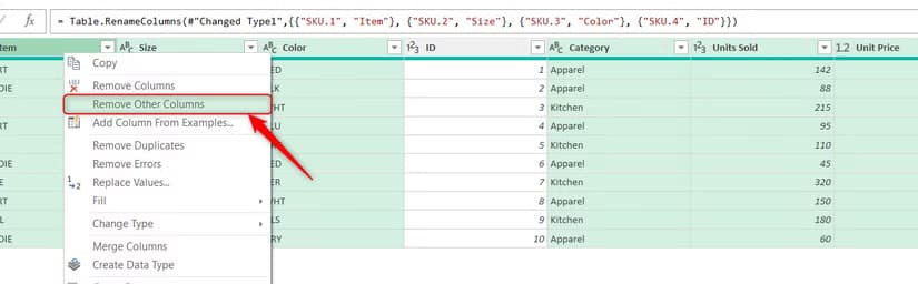 All columns are selected except for an ID column in Power Query Editor, and Remove Other Columns is highlighted in a selected column's right-click menu.