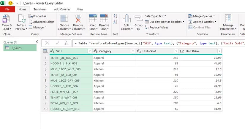 A T_Sales table is loaded in to Excel's Power Query Editor.