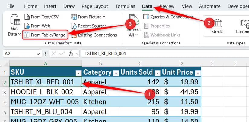 The first data cell of an Excel table is selected, and From Table/Range is highlighted in the Data tab.