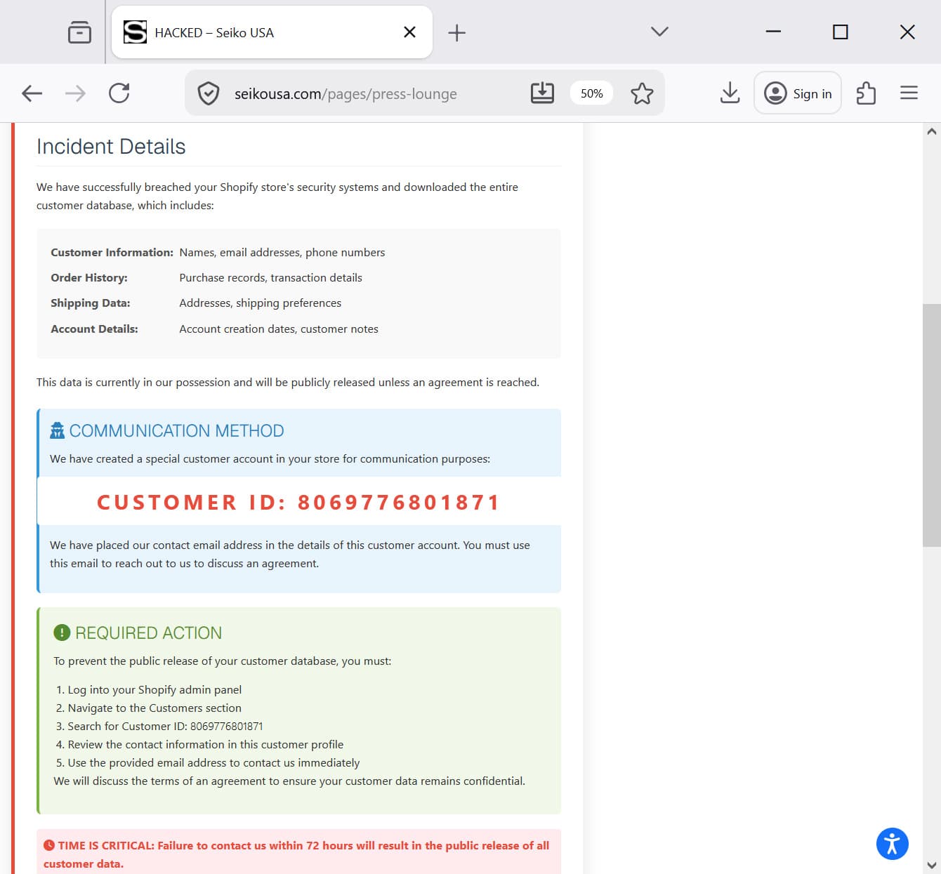 Seiko website defaced to show extortion message