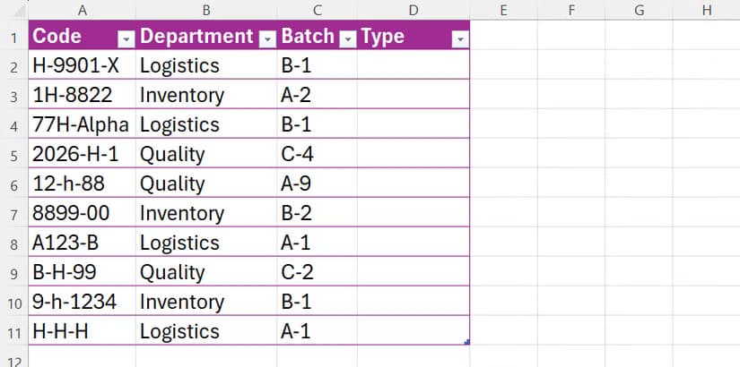 An Excel table with codes in column A, departments in column B, batches in column C, and a blank Type column in column D.
