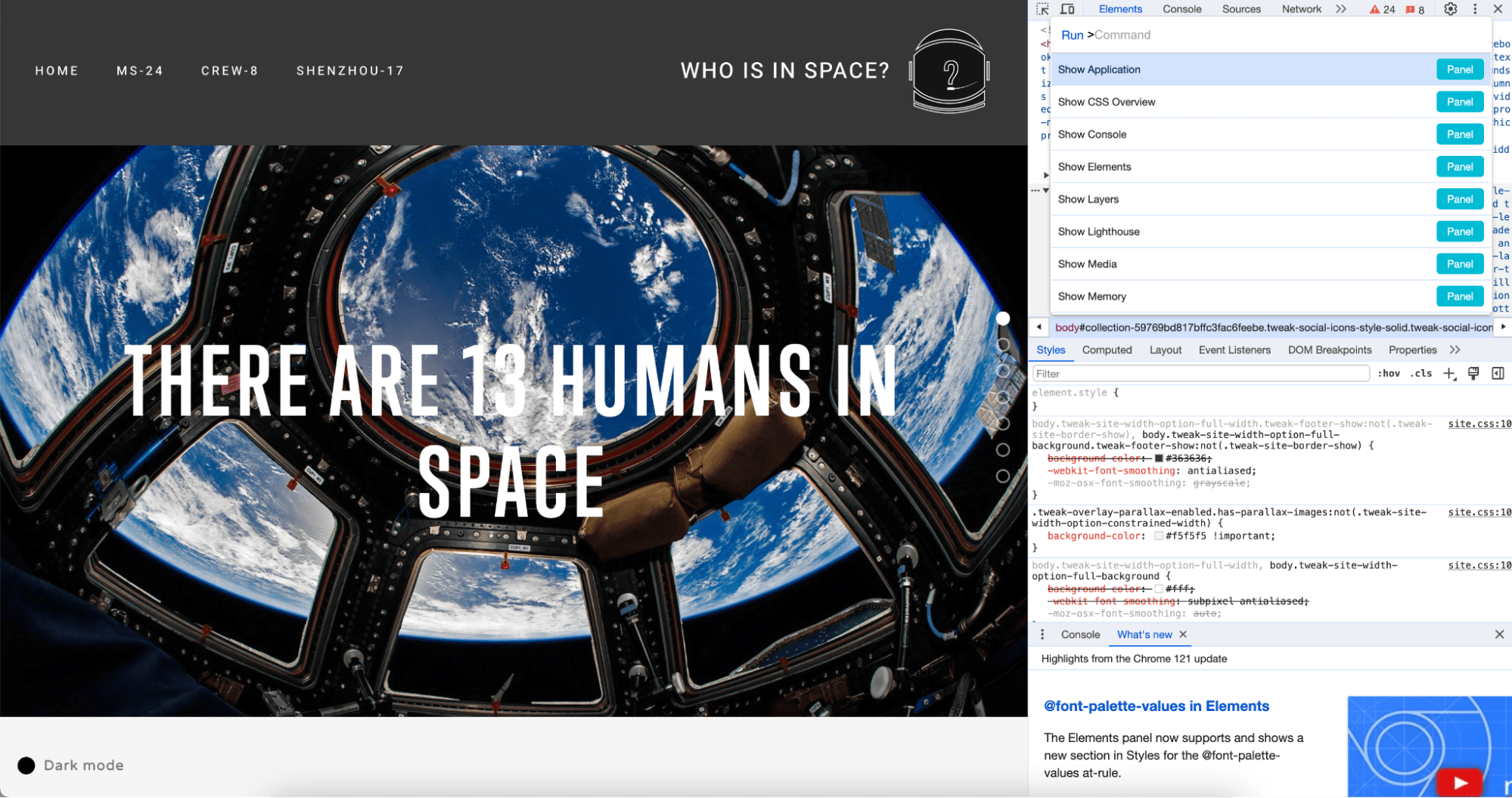 Chrome's developer menu with a search bar that's pre-populated with the text Run.
