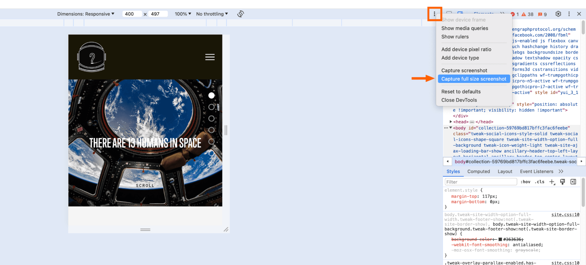 Highlight around the dimensions bar of a responsive webpage in Chrome.