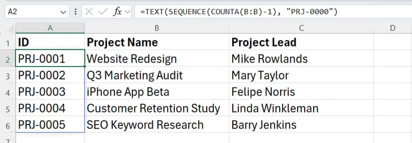 SEQUENCE used in Excel to create project IDs formatted as PRJ-0000 in column A according to the number of project names in column B.