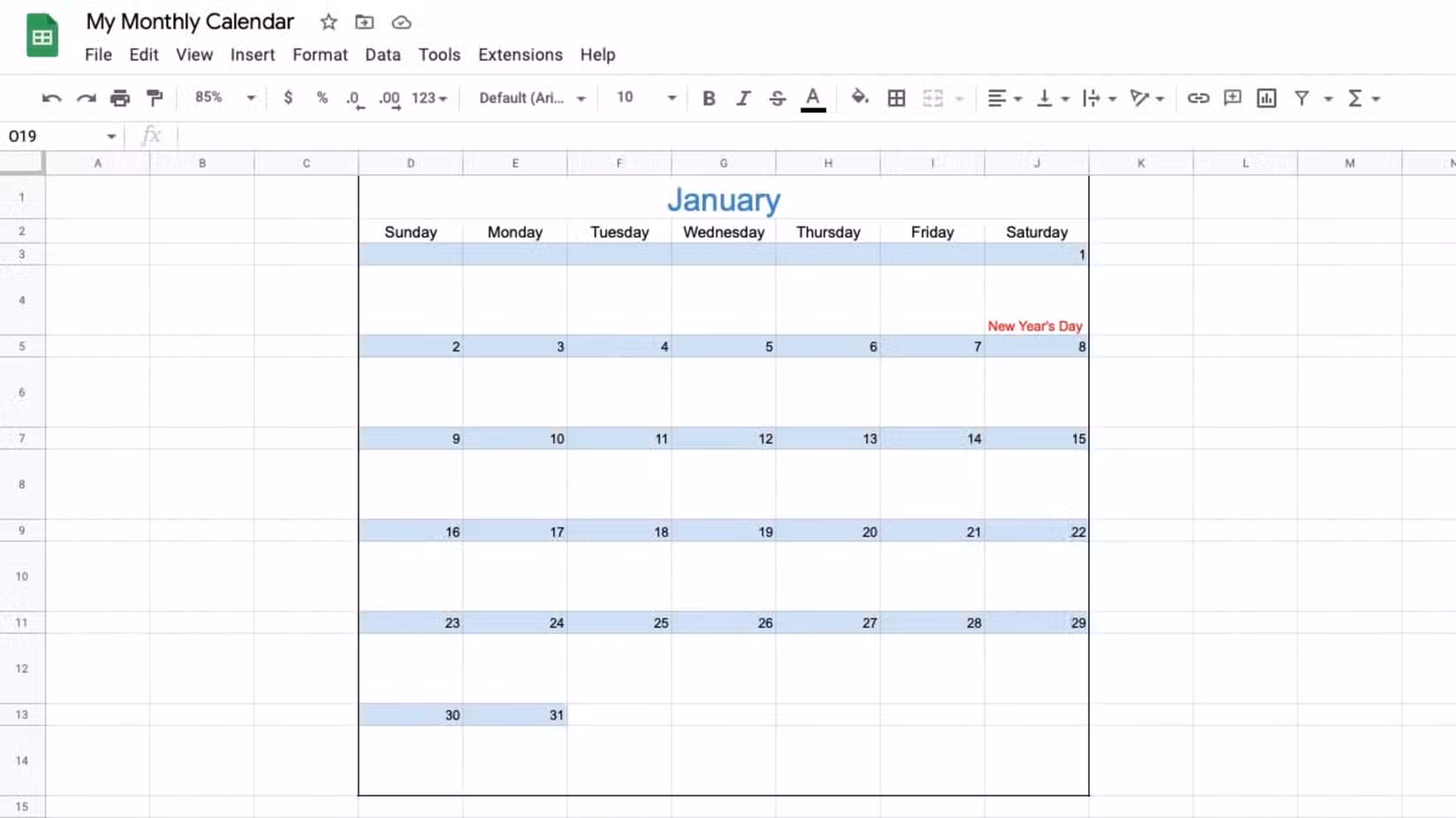 Google Sheets Showing a Monthly Calendar