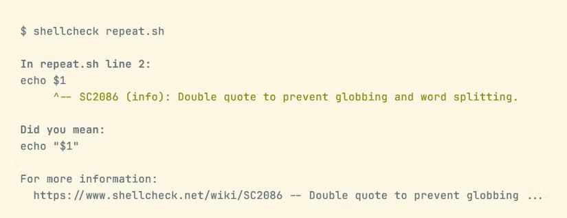 ShellCheck displaying advice to use double quotes around a variable to avoid globbing.