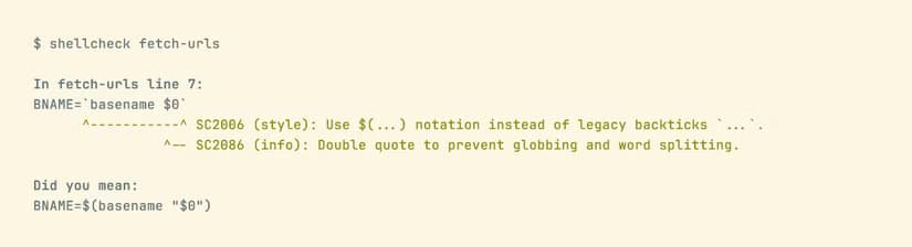 ShellCheck suggesting the use of $() notation instead of backticks.
