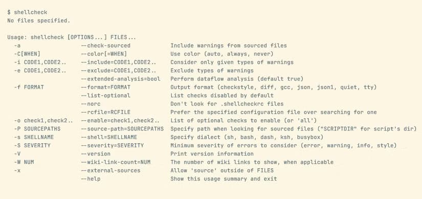 ShellCheck’s usage shows a number of options like --color, --include, and --shell.