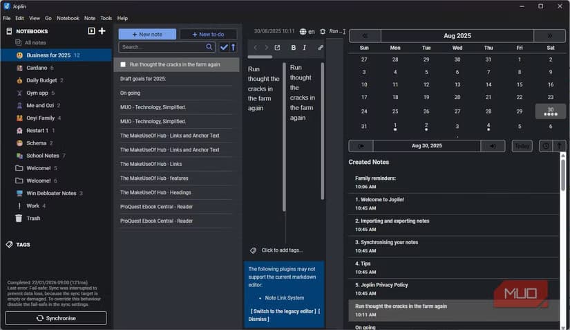 Joplin calendar plugin