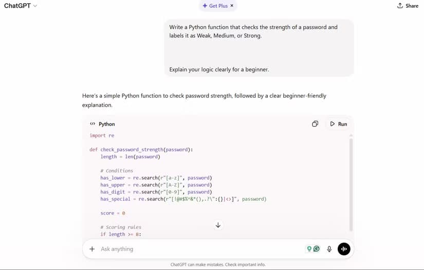 Asking ChatGPT to make a password strength checker in Python.