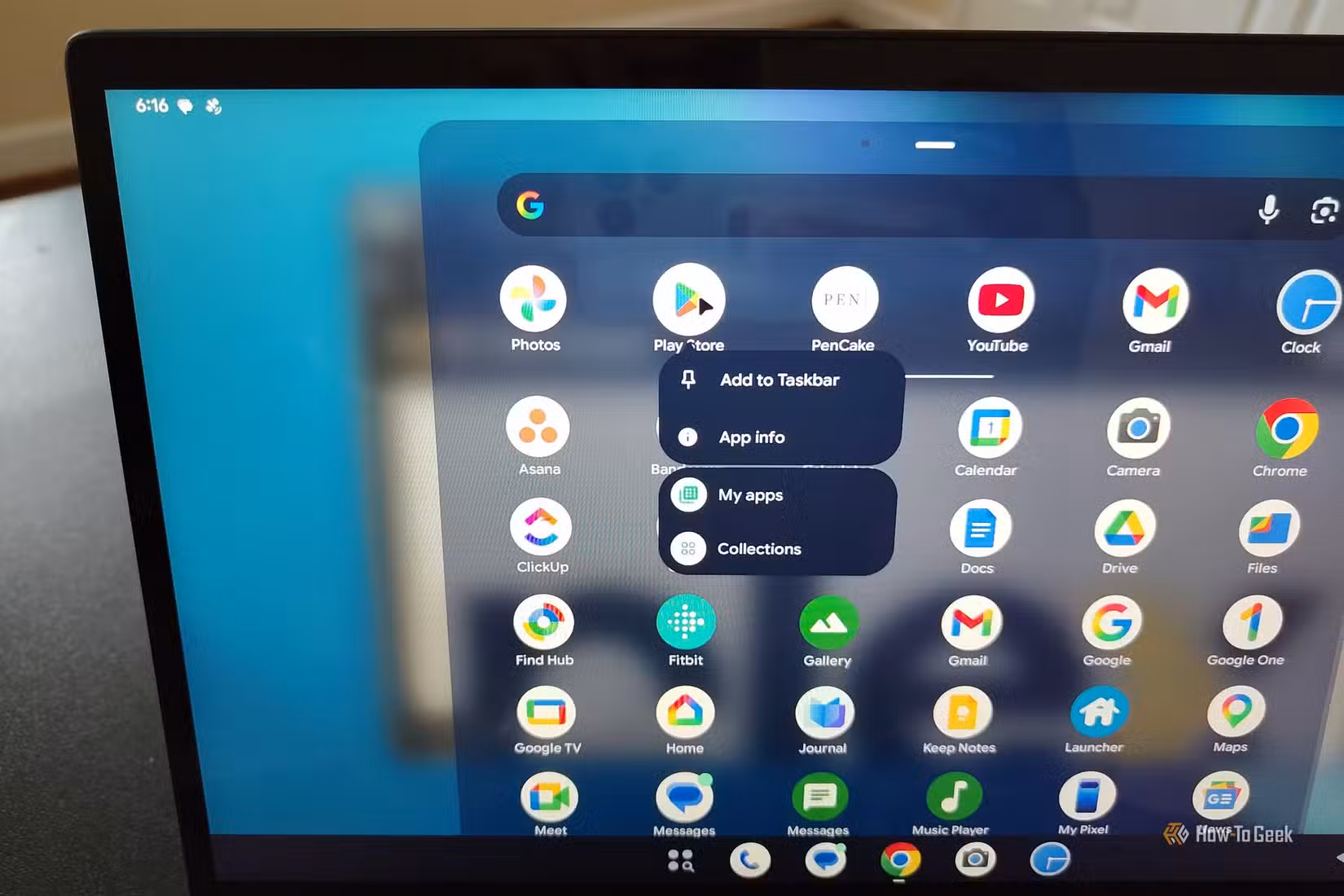Adding the Play Store to the taskbar on a Pixel Desktop.