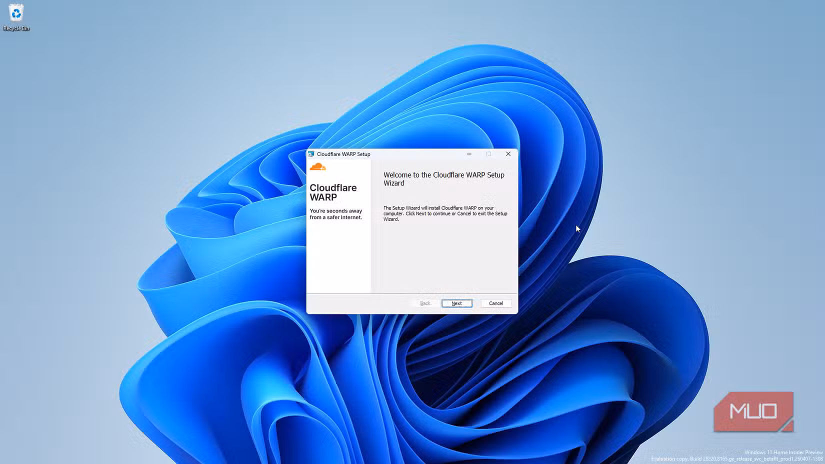 Windows installation dialog for WARP