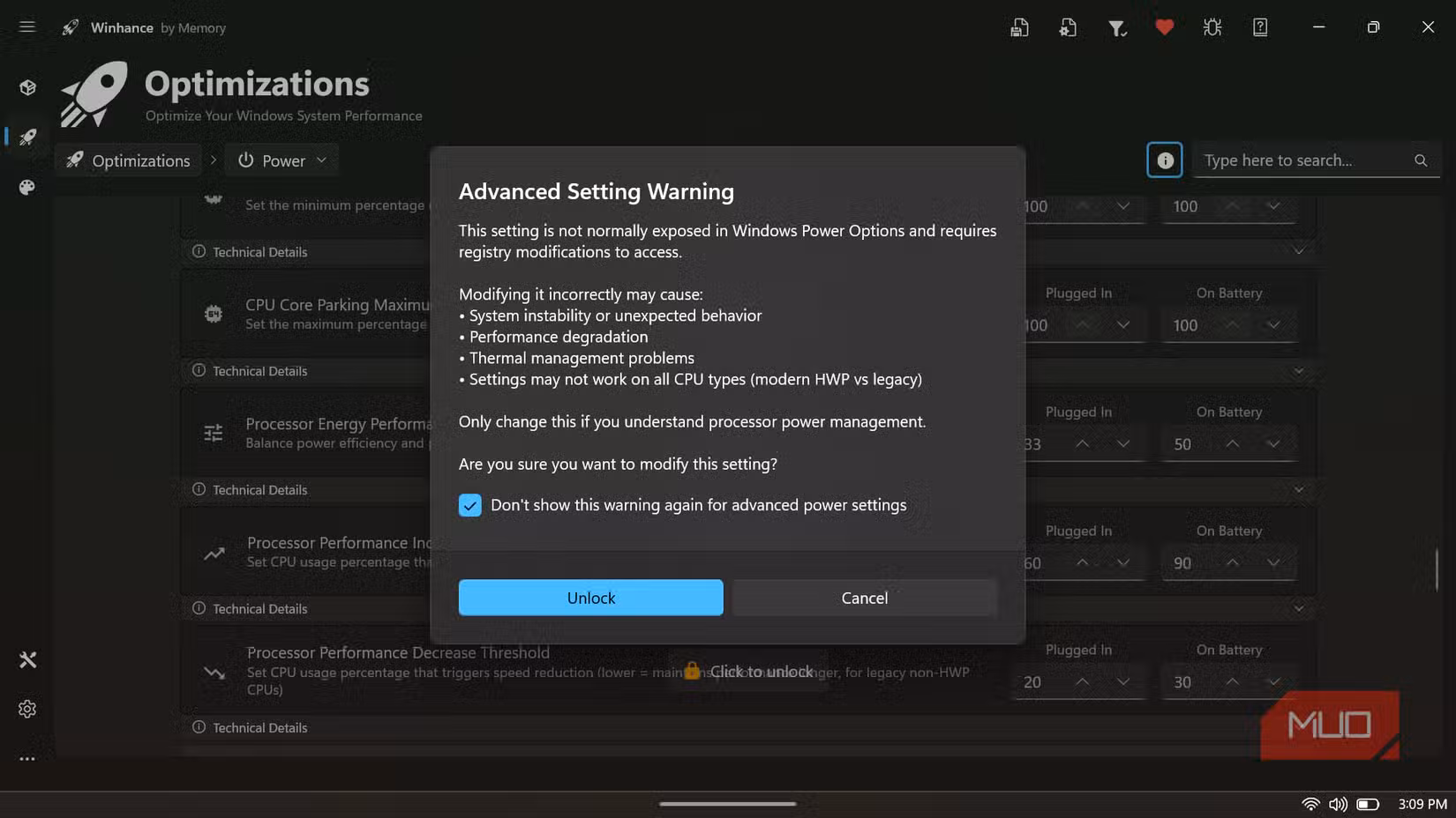 Winhance app advanced setting warning pop-up.