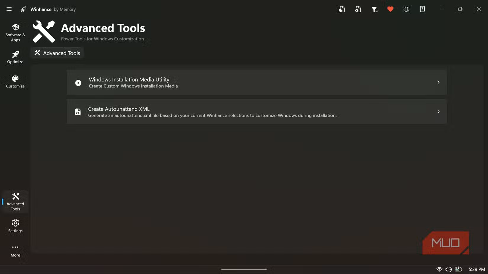 Winhance app Advanced Tools menu.