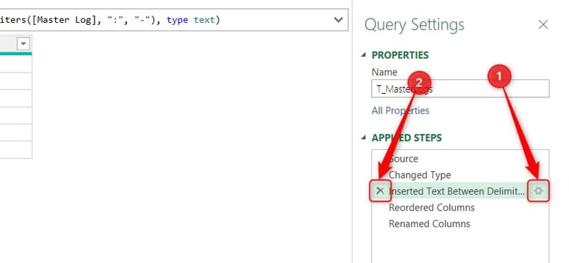 The Settings Cog and the Delete icon next to a step in Power Query's Applied Steps pane.