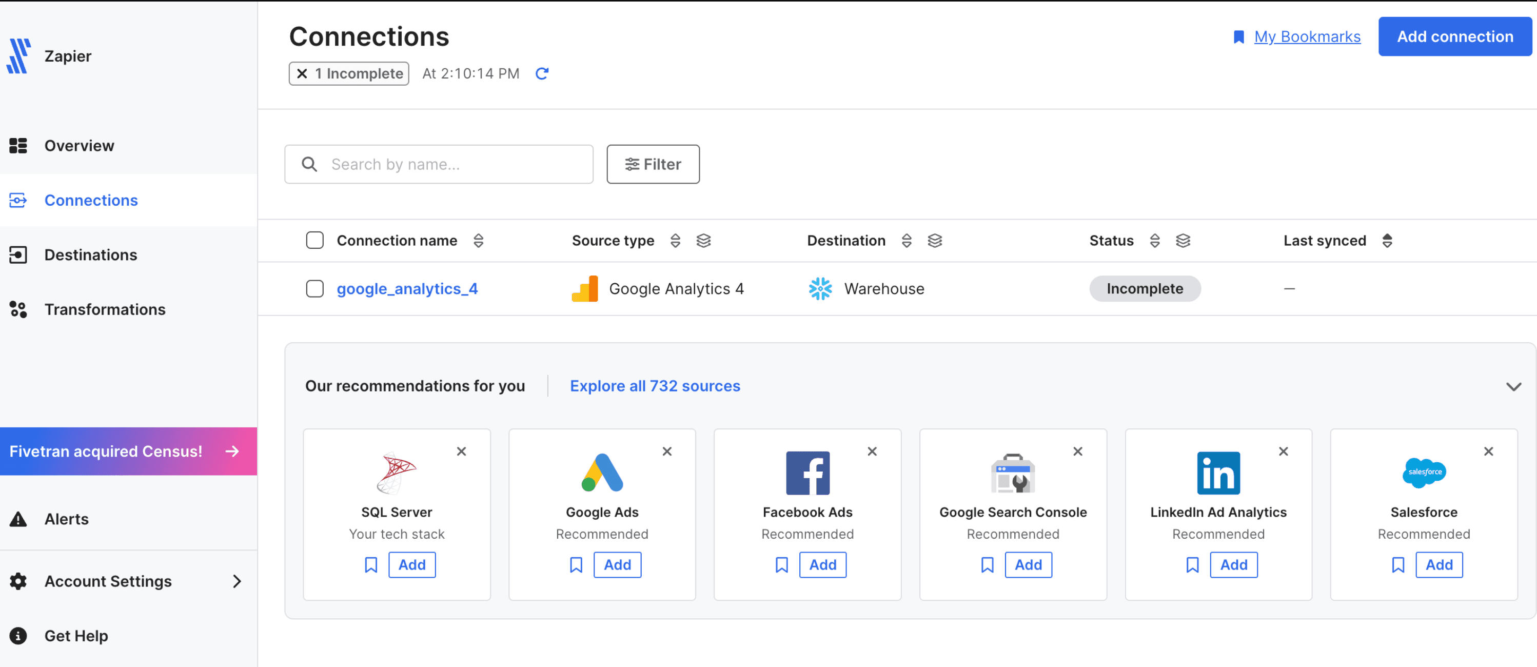 A screenshot of Fivetran, an ETL tool.