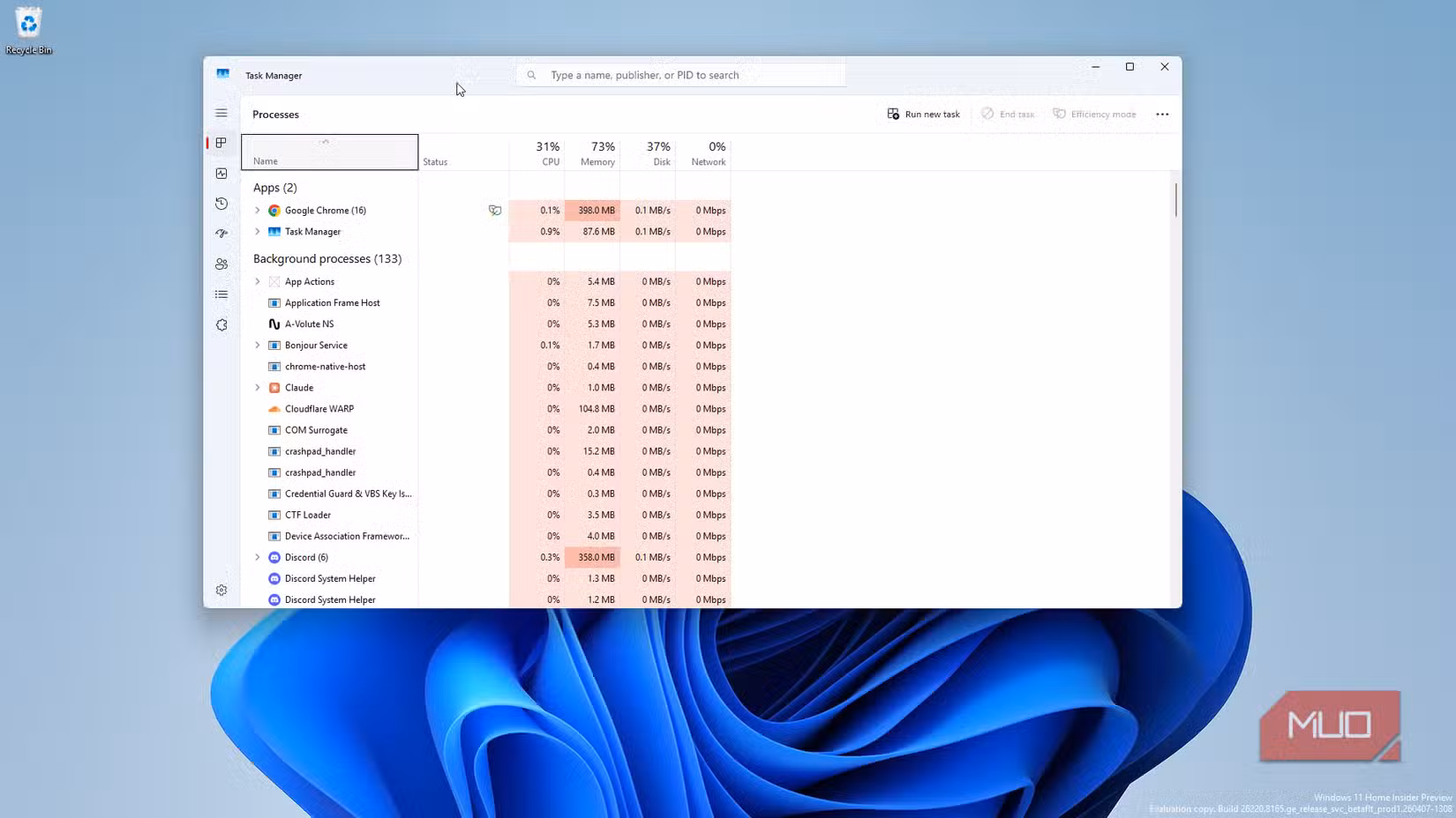 Task Manager window on PC