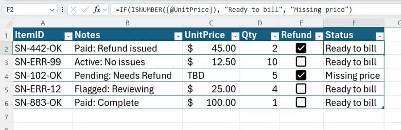 IF and ISNUMBER are combined in an Excel formula to evaluate whether a UnitPrice column contains a value, and return a text result according to the output.