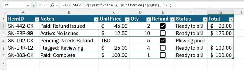 IF and ISNUMBER are combined in an Excel formula to decide whether to multiply price by quantity if both values are present or return a dash if not.