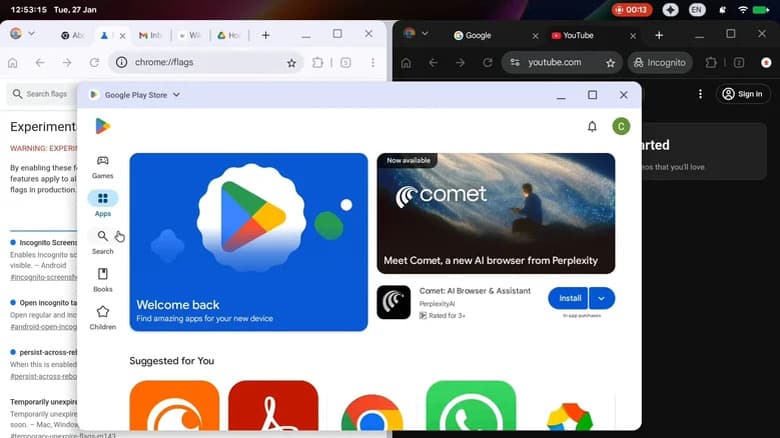 A screenshot showing two apps in split screen and the Play Store floating above both.
