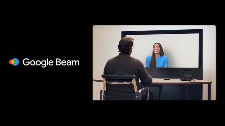 A graphic with the Google Beam logo and words on the left and a picture of two people conducting a teleconference on the right.