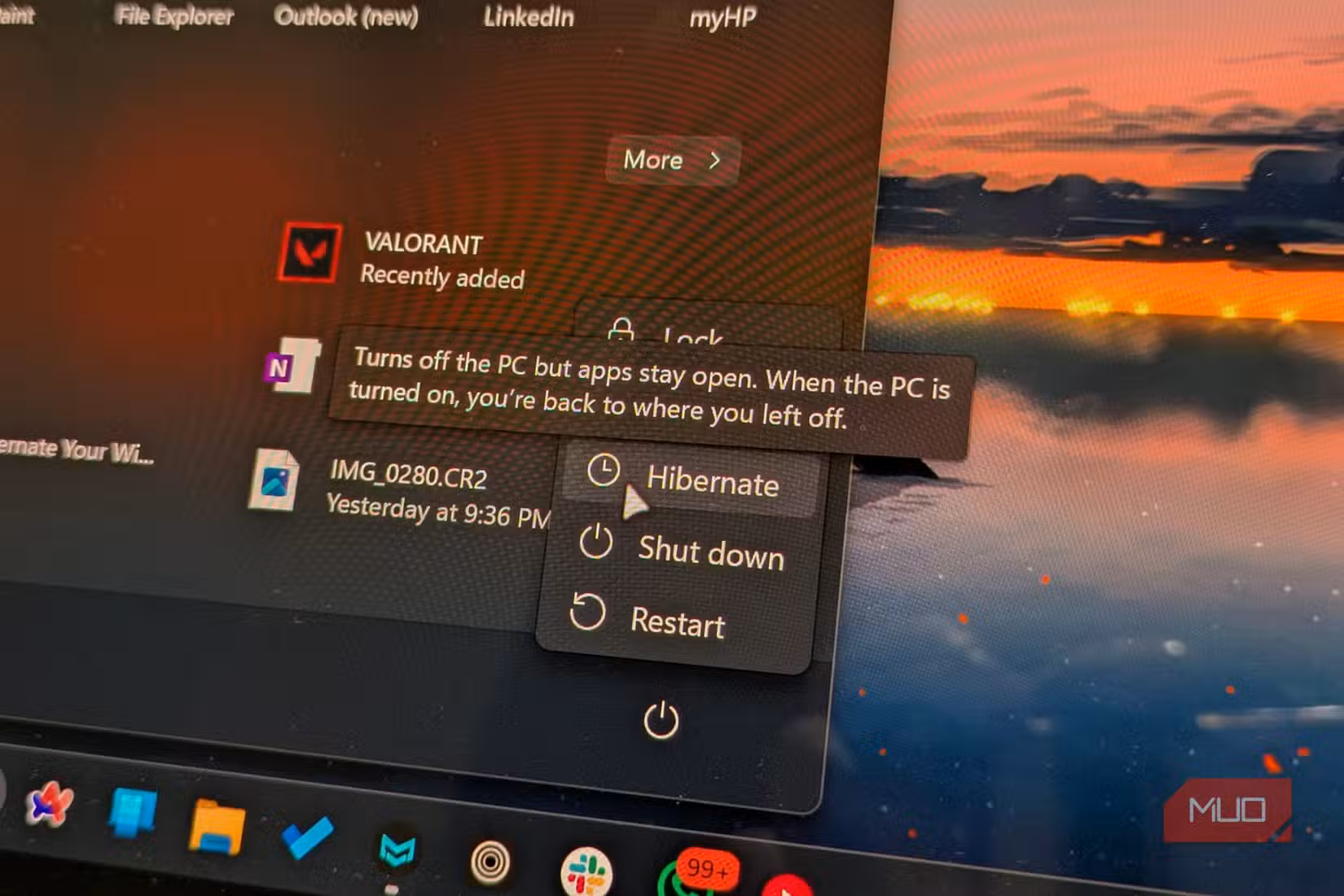 Windows power menu showing Hibernate option