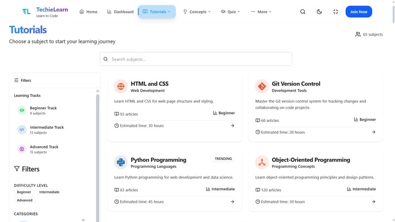 Bite-sized learning interface in TechieLearn with scrollable concepts and quick explanations