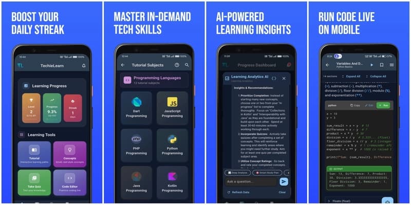 Quiz and practice section in TechieLearn helping developers test concepts after each topic