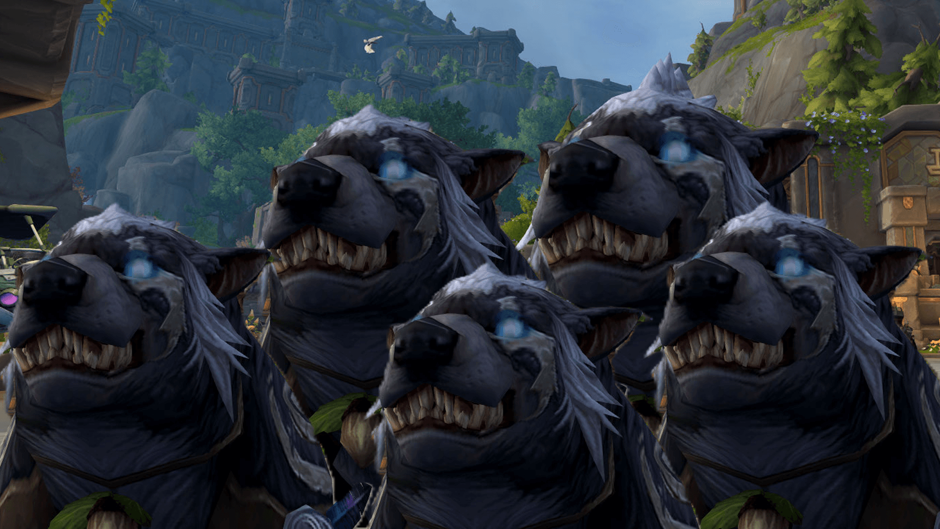 Five bears in World of Warcraft edited into the same image.