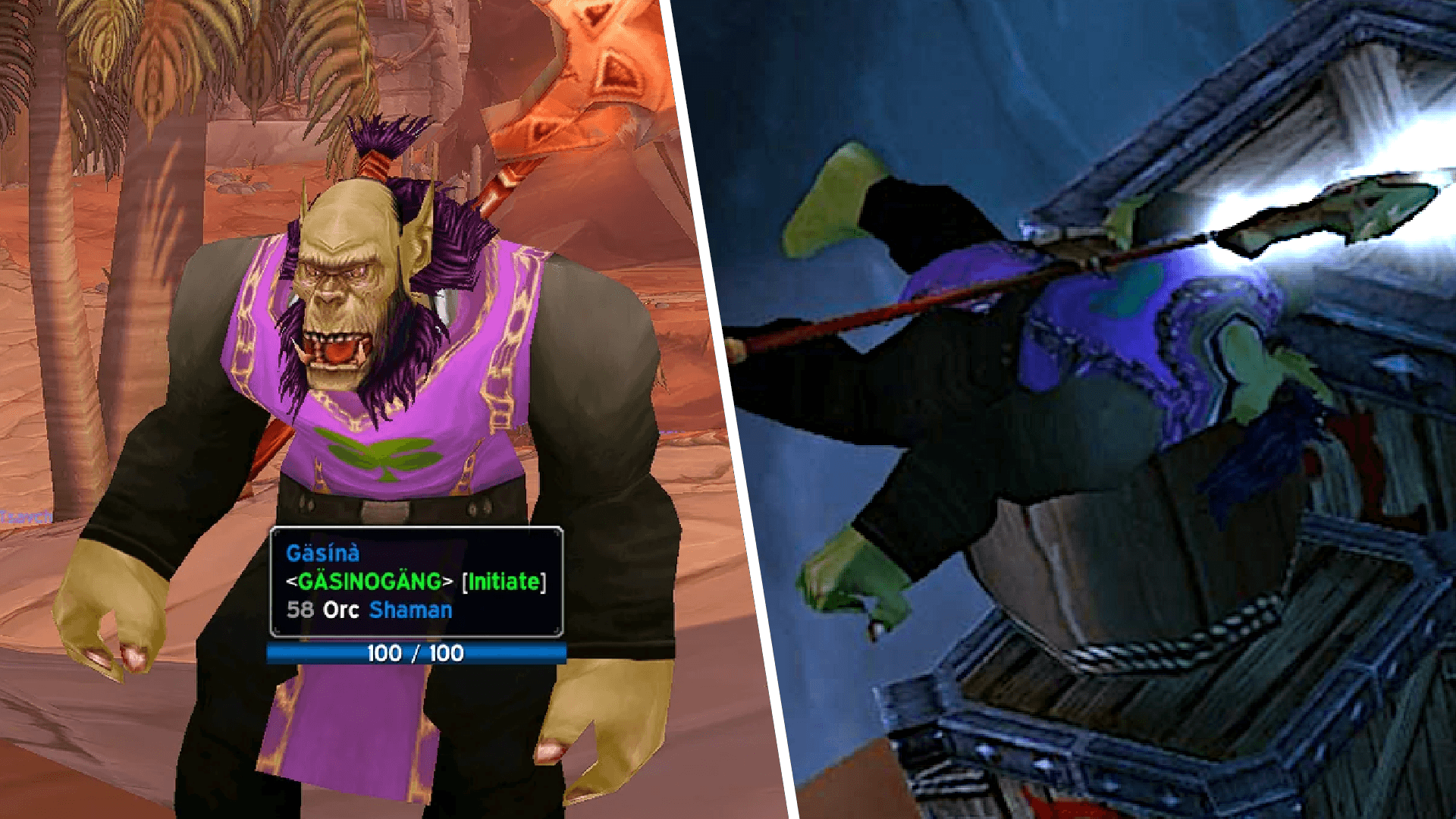 A split image of a casino bot proudly standing in Orgrimmar on the left, with a dead casino bot on the right.
