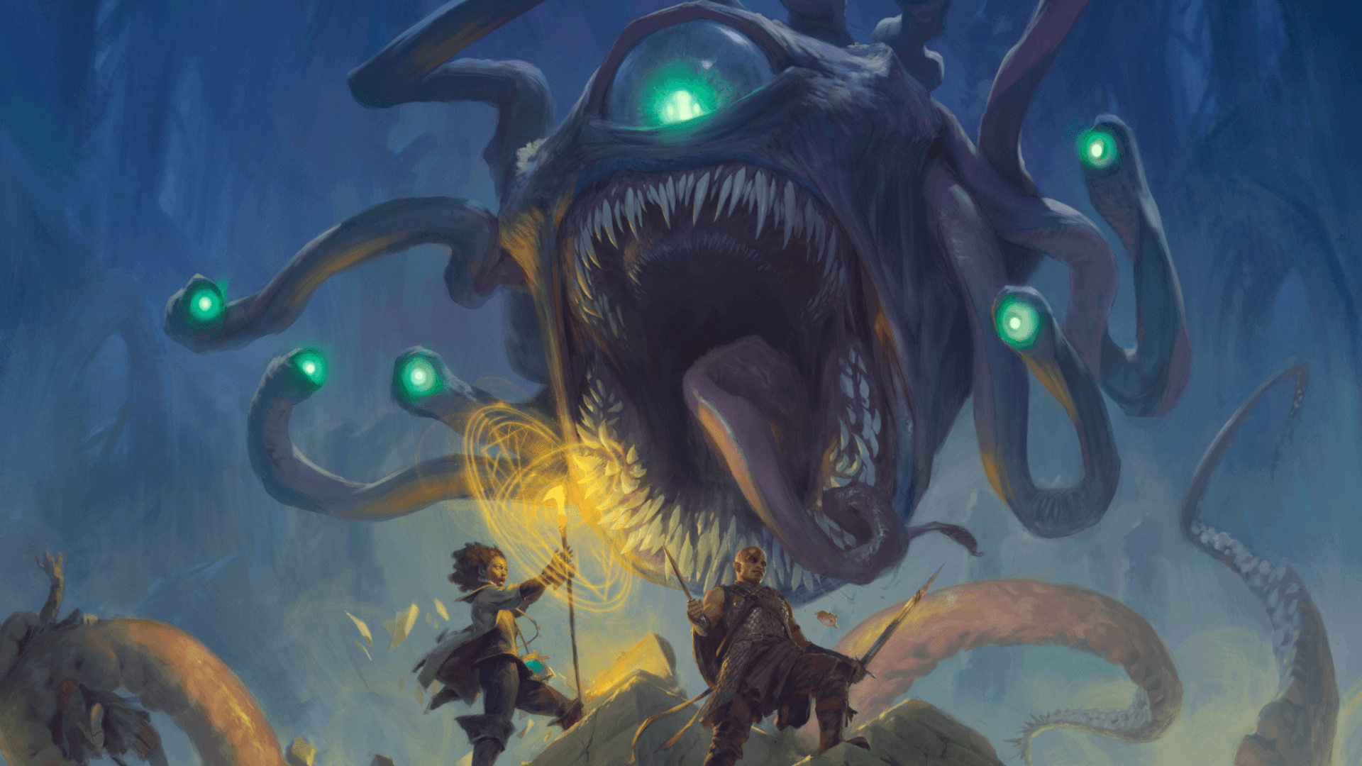 A beholder opens it spiked maw to devour some unwitting adventurers in D&D's 2024 Monster Manual.