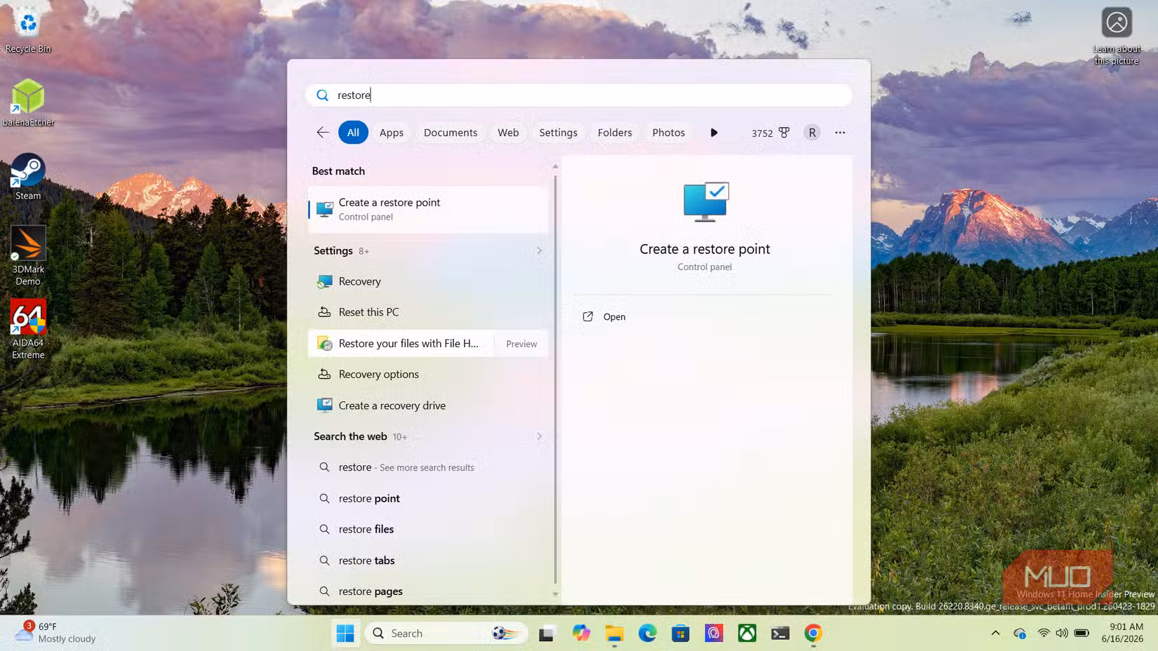 Restore your files in Start Menu
