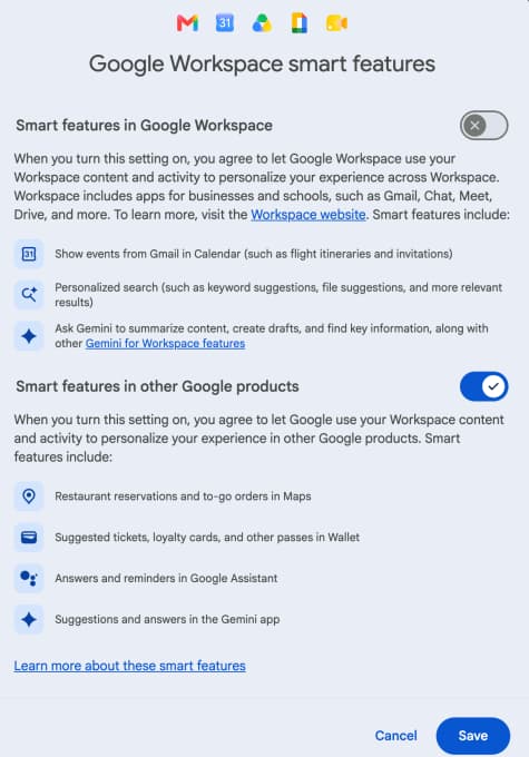 لقطة شاشة من إعدادات Gmail تُظهر خيارات إدارة الميزات الذكية في Google Workspace