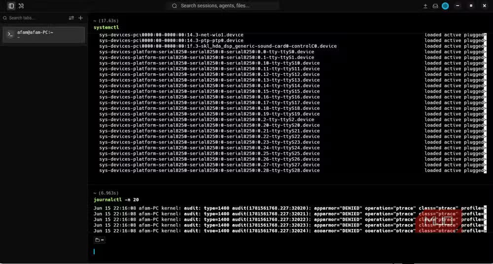 مقارنة بين مخرجات الطرفية التقليدية ونظام الكتل في Warp مع أمر systemctl