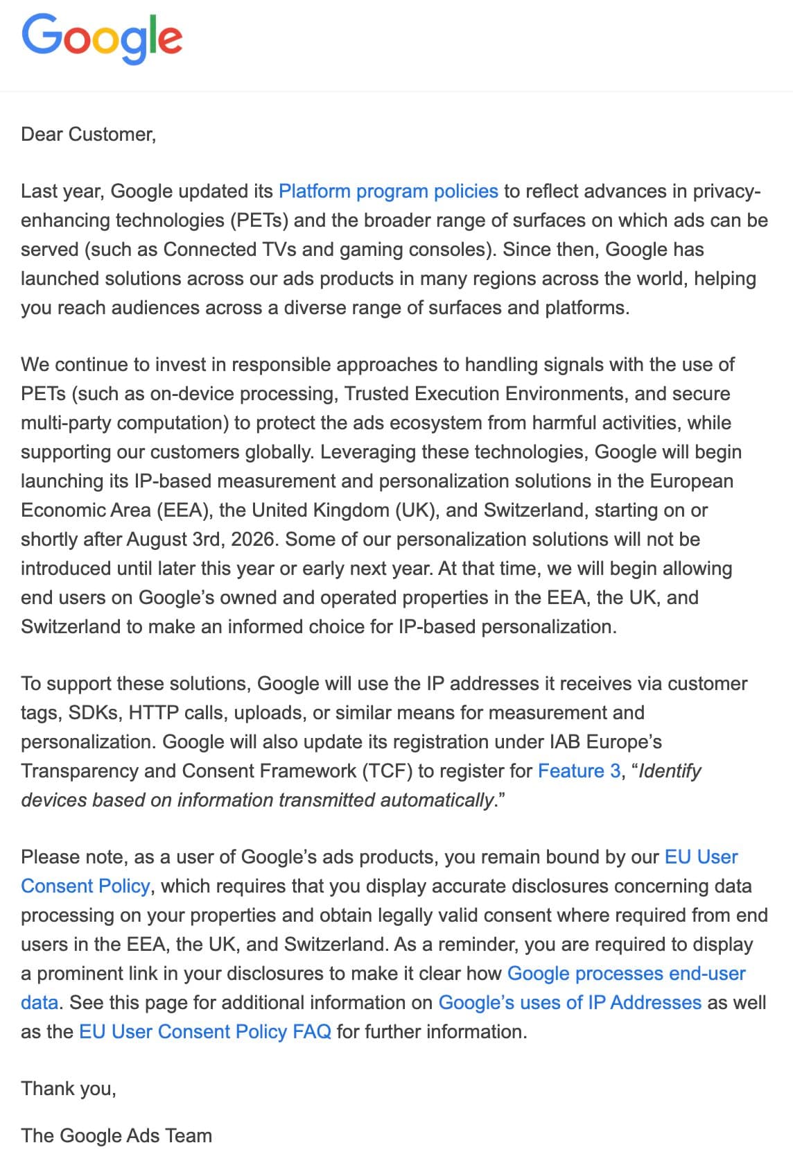 Google to use IP address for UK, EEA and Switzerland users for ad personalisation