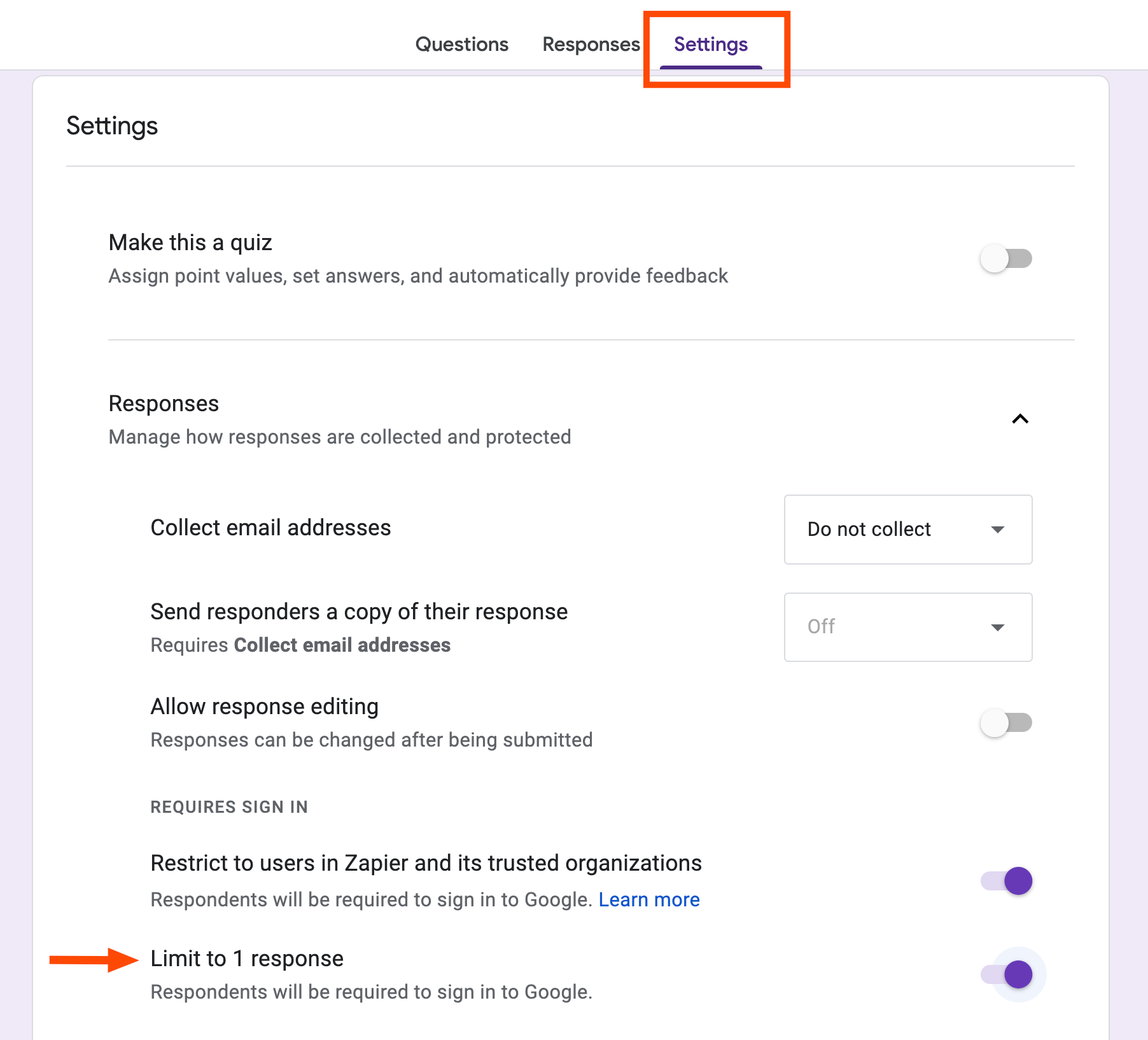 إعدادات تحديد الاستجابات ومنع التكرار في Google Forms