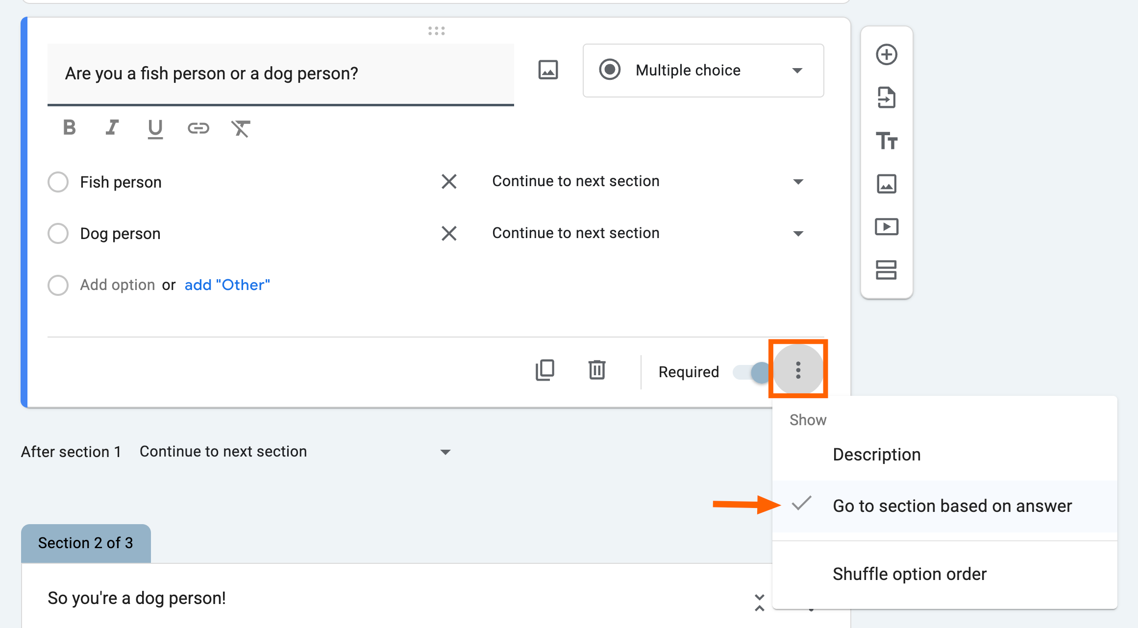 إعداد الأسئلة الشرطية والتفرعات في Google Forms
