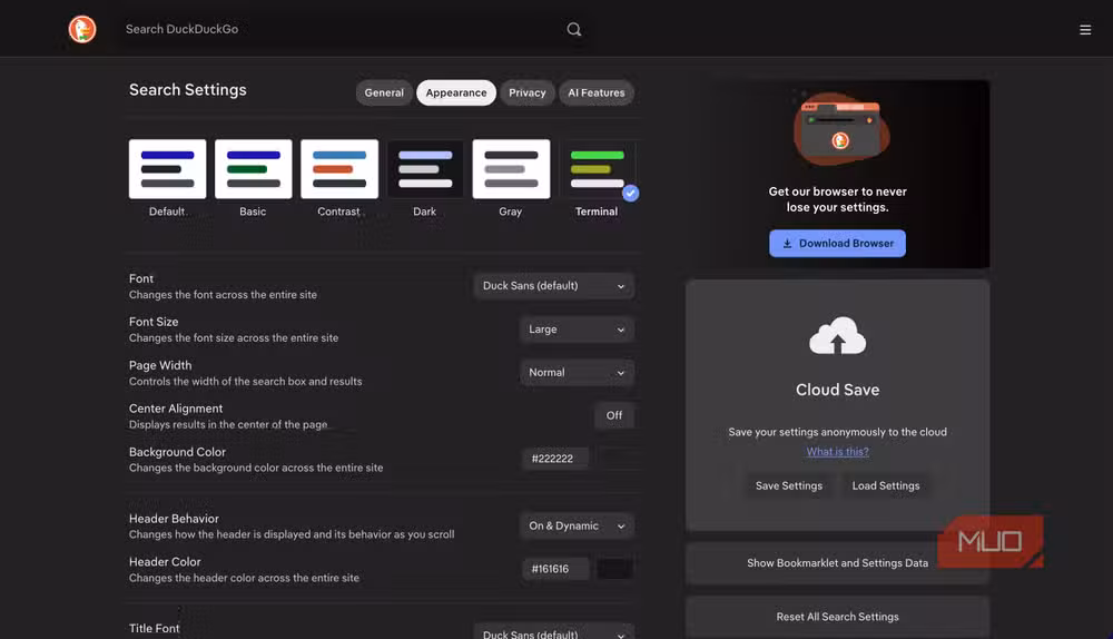 إعدادات التخصيص في DuckDuckGo تُظهر خيارات الخطوط والألوان والتخطيط المتاحة للمستخدم