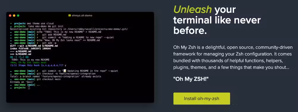 نافذة طرفية تعرض عملية تثبيت Oh My Zsh الناجحة