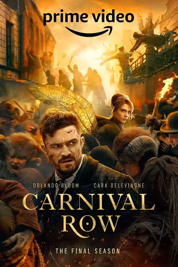 مشهد من مسلسل Carnival Row يُظهر Orlando Bloom في دور المحقق Rycroft Philostrate بملابس فيكتورية