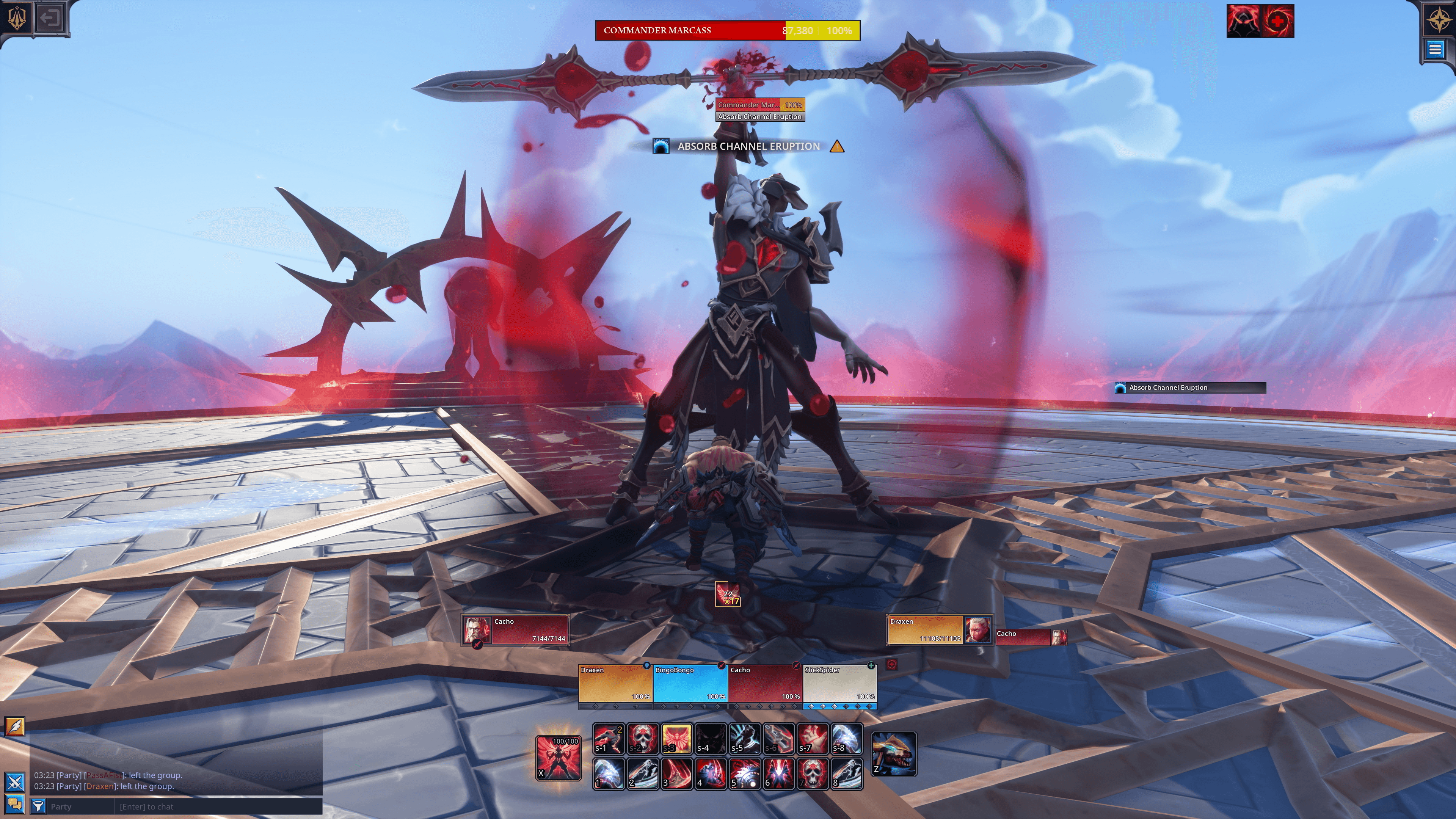 A promotional screenshot from co-op RPG Fellowship season 3. A group of players face off against a large boss in an open arena.