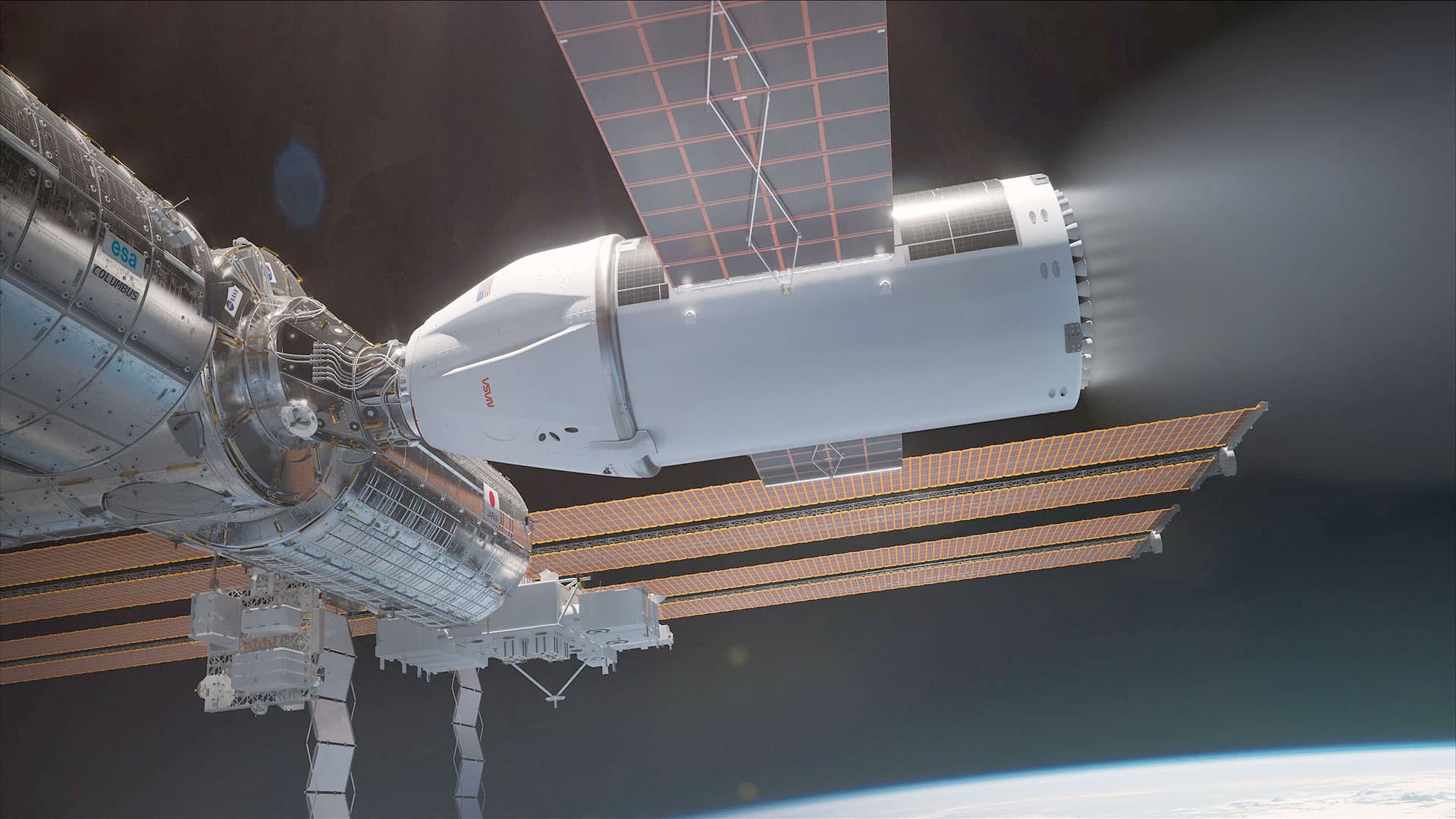 رسم توضيحي من SpaceX لمركبة الإسقاط الأمريكية USDV المزودة بـ 46 محرك Draco لتوجيه المحطة نحو الأرض