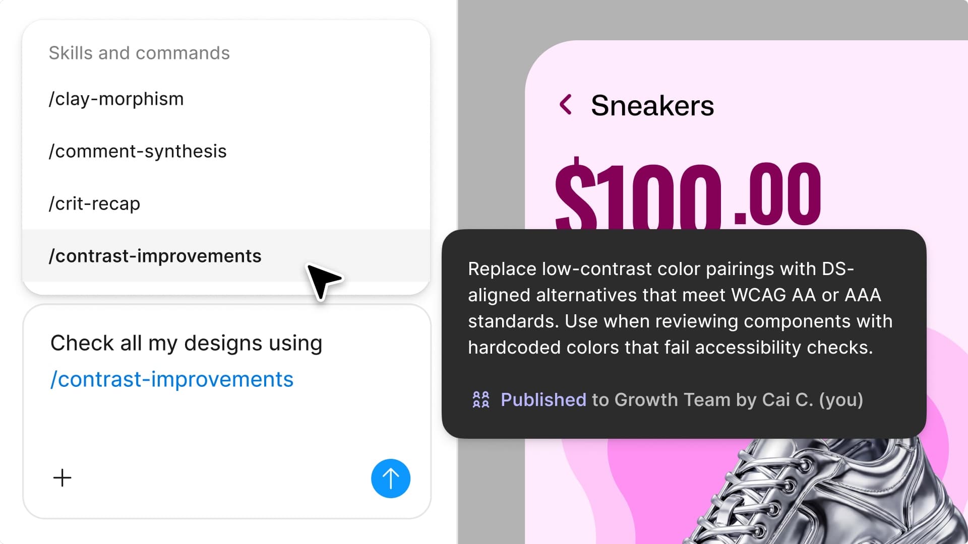 ميزة Agent Skills في Figma تتيح تعريف أوامر مخصصة مثل /contrast-improvements ومشاركتها مع الفريق