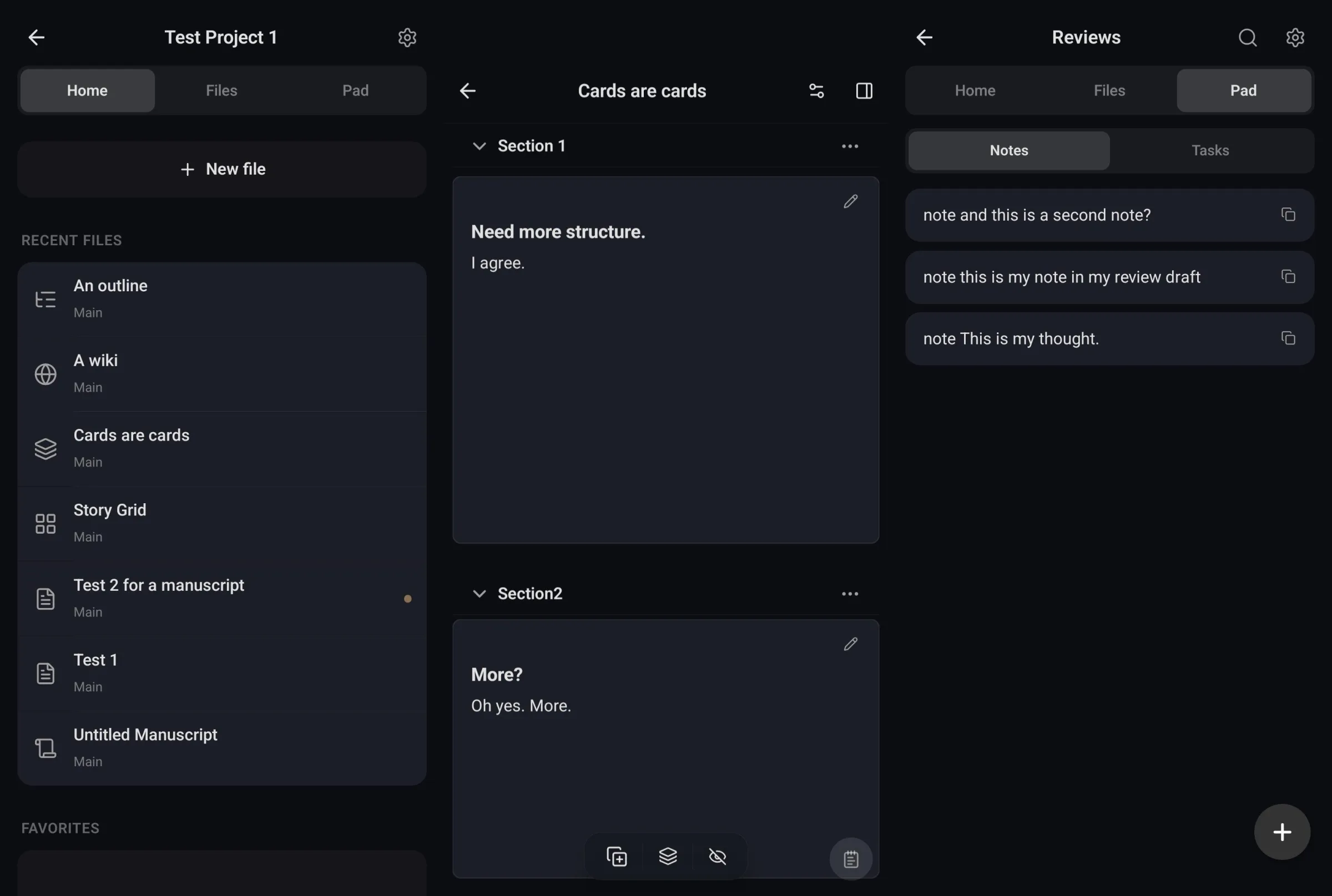 Three screenshots showing the BYOK Studio app. One of the various format types (outline, wiki, cards, story grid, manuscript, and text), one of the cards interface, and one of the notes section.