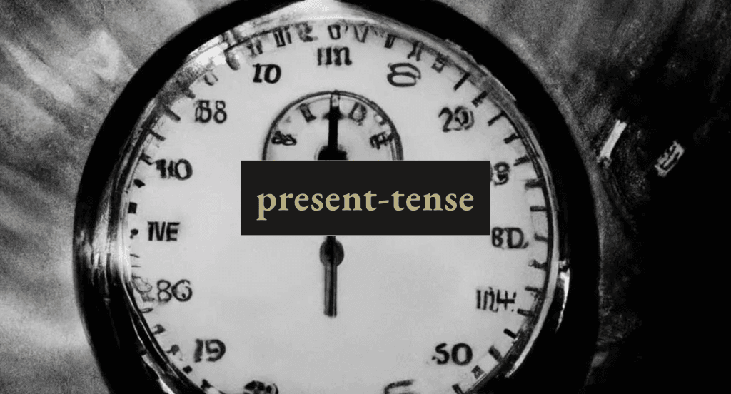 the words "present-tense" overlaid over an AI-generated clock with distorted illegible hands and numbers