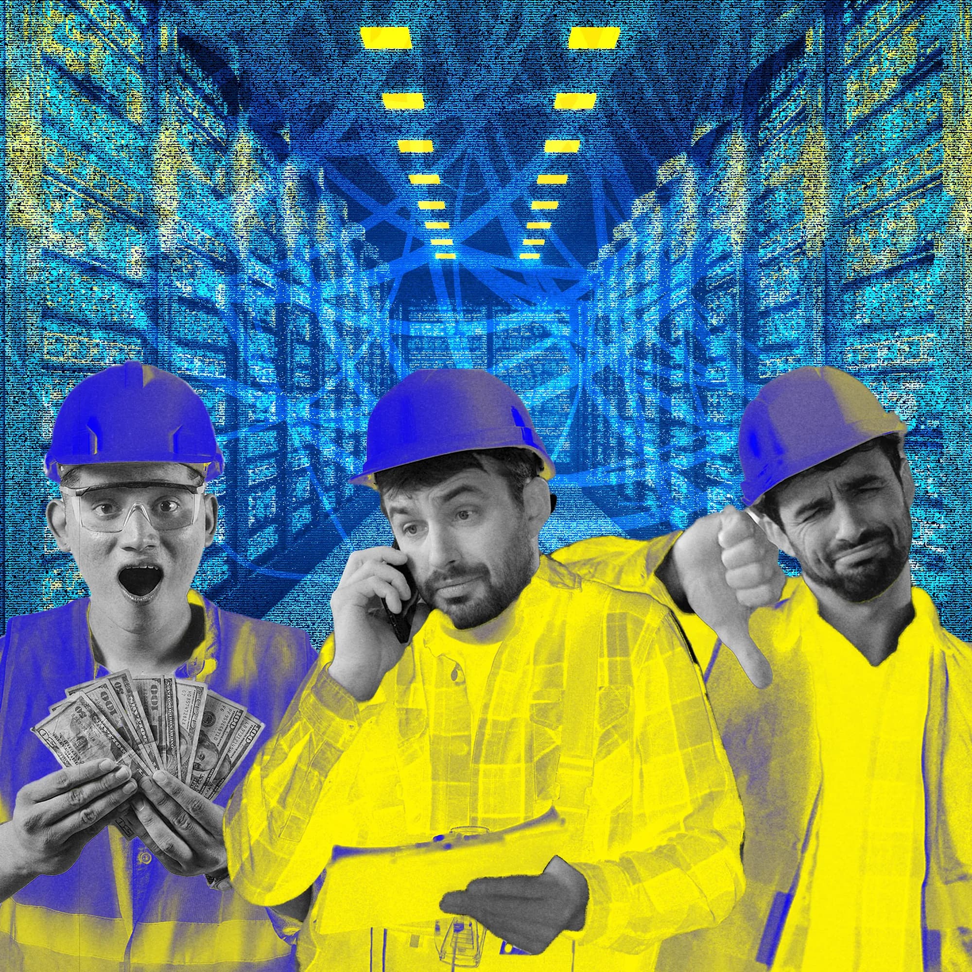 Photo Illustration of multiple electricians with a lot of feelings